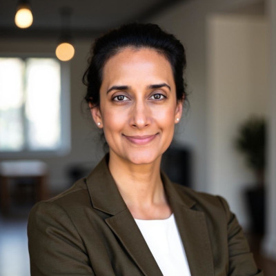 A woman with dark hair tied back, wearing a brown blazer and white top, smiles confidently at the camera in a softly lit indoor setting with blurred background.