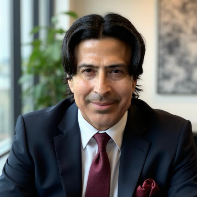 A man with dark, shoulder-length hair, wearing a dark suit, white shirt, and red tie, sits indoors by a window. A blurred plant and artwork are visible in the background.