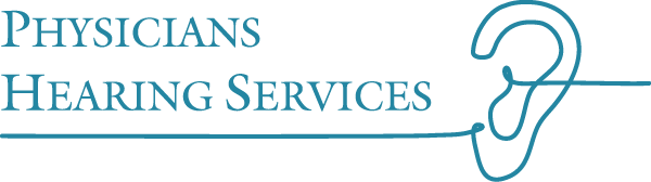 Logo with the text Physicians Hearing Services next to a drawing of an ear, with a line connecting the text and the ear illustration, all in teal blue.